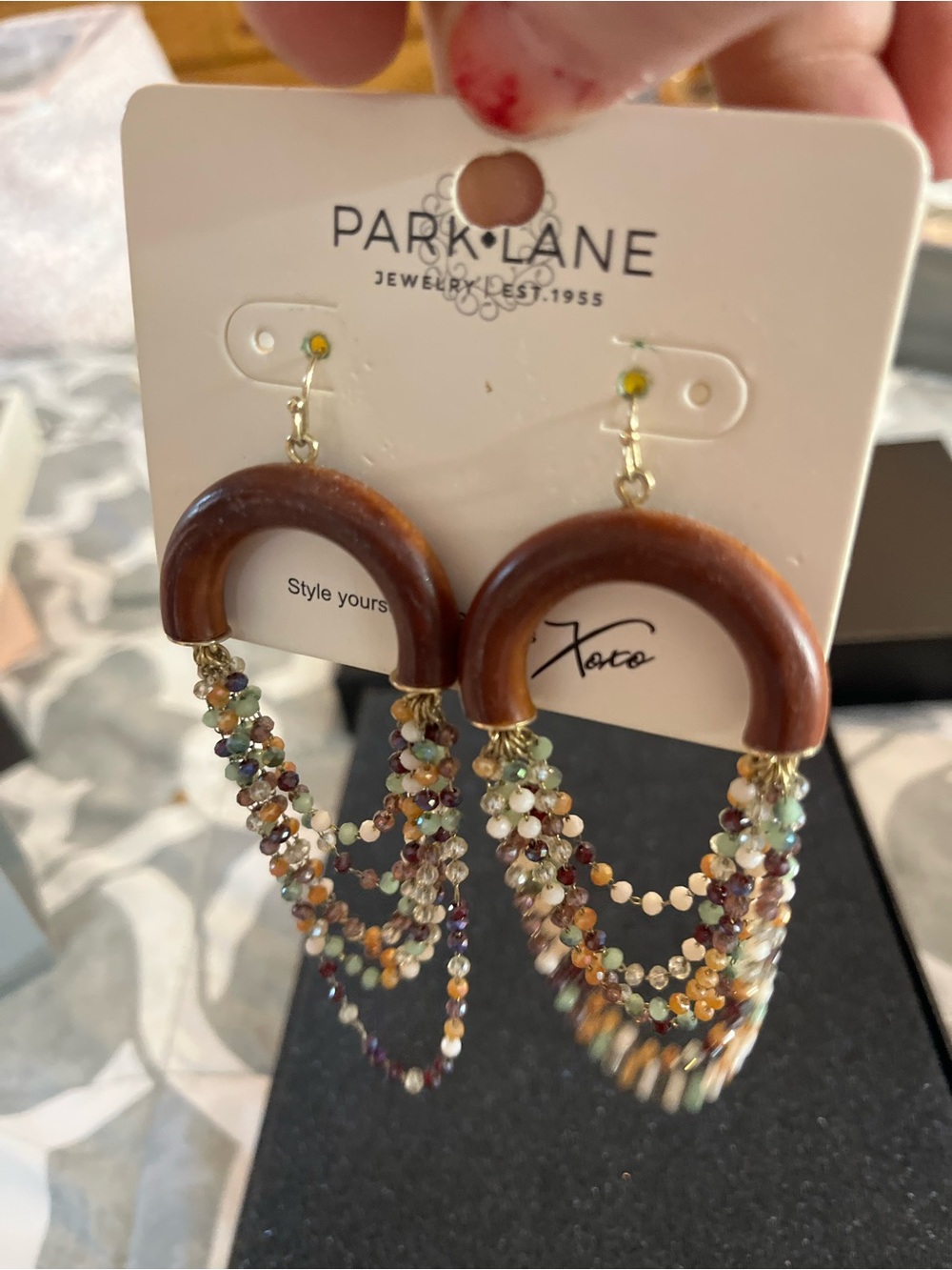 Park Lane Multicolor Bead & Wood Hoop Drop Earrings - Picture 2 of 3
